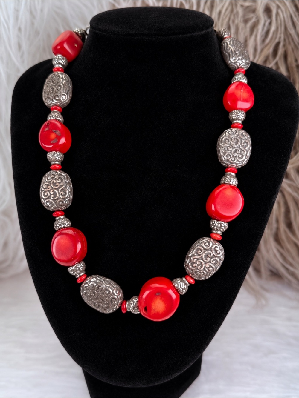 Vintage Brighton Red Beaded Silver Tone Scroll Statement Necklace